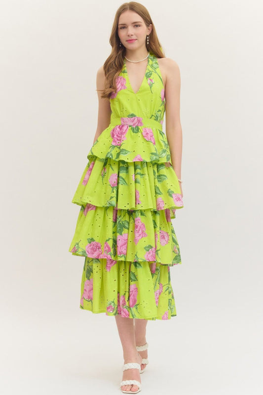 Eyelet Floral Print Halter Midi Dress