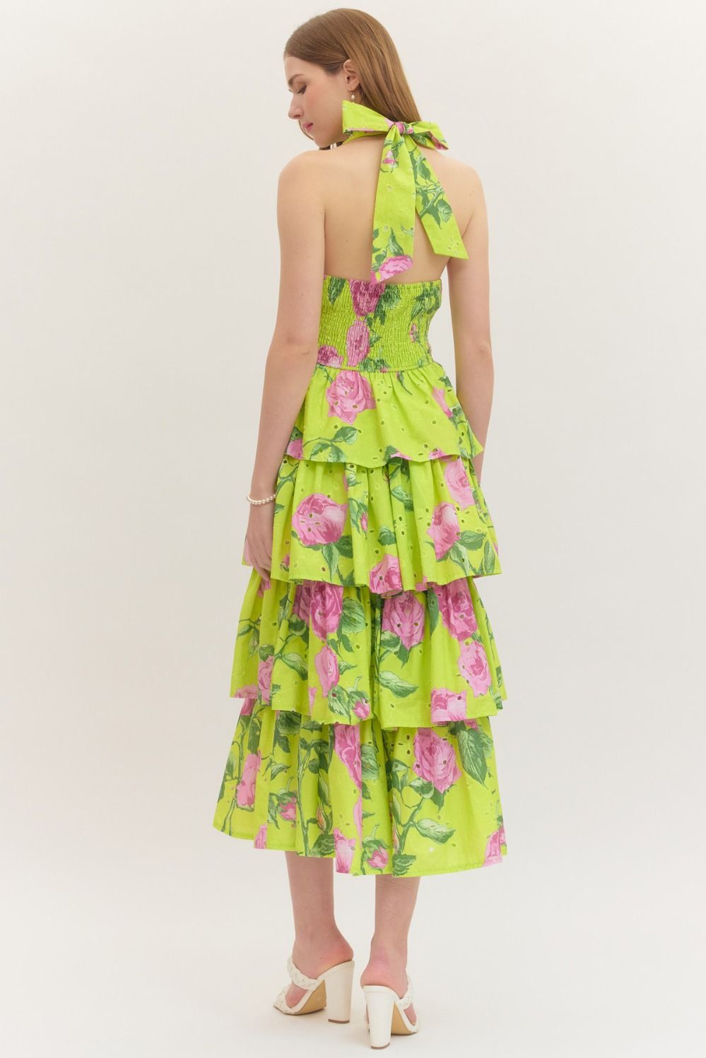 Eyelet Floral Print Halter Midi Dress