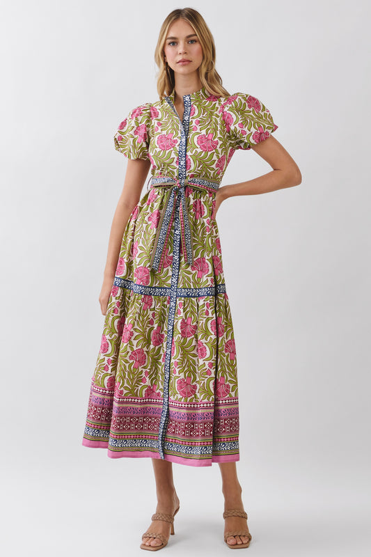 Floral Border Print Tie Waist Maxi Dress In Green