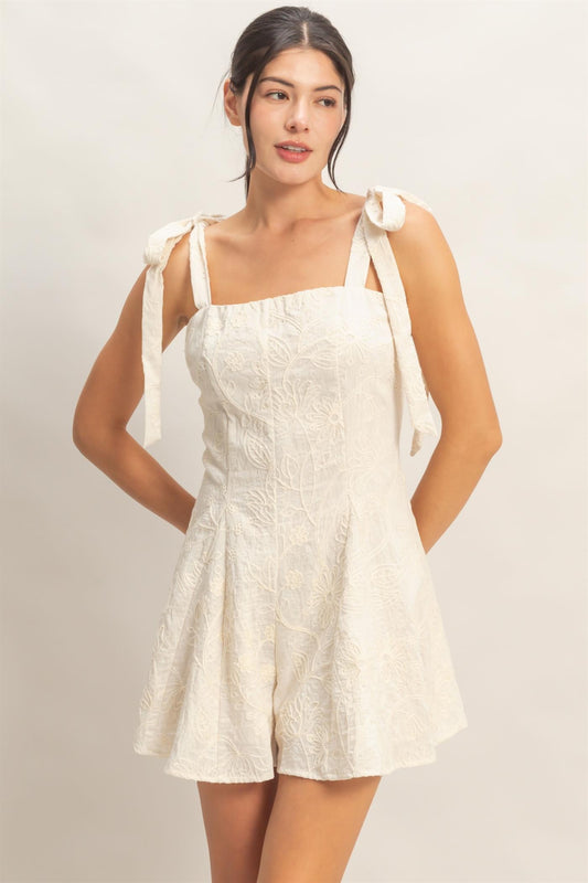 Floral Embroidery Tie Strap Romper In Cream
