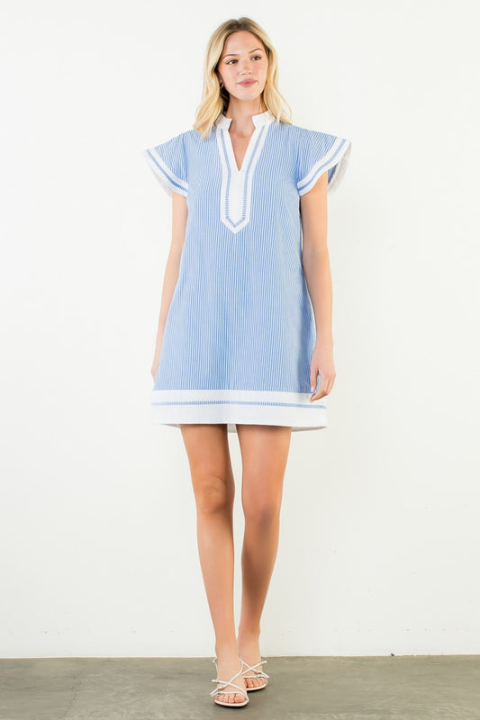 Flutter Sleeve Striped V-neck Dress In Blue