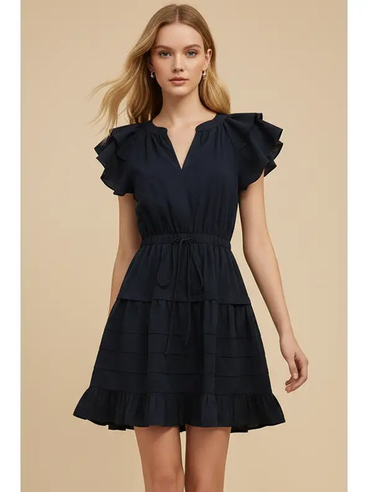 Flutter Sleeve Tiered Mini Dress In Ink
