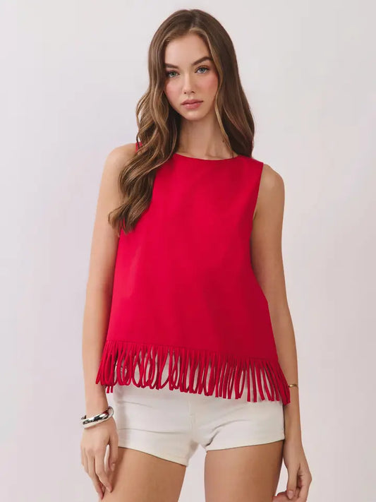 Fringe Hem Sleeveless Top In Red