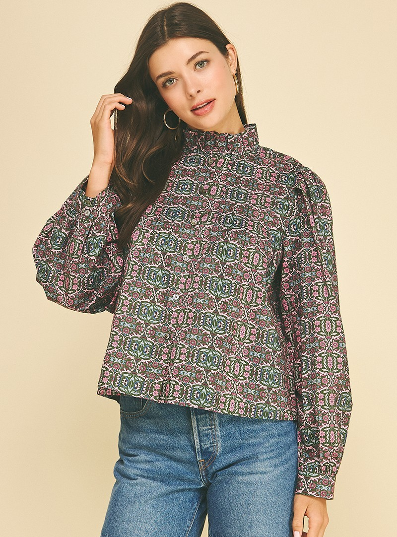 Geometric Floral Ruffled Mock Neck Blouse
