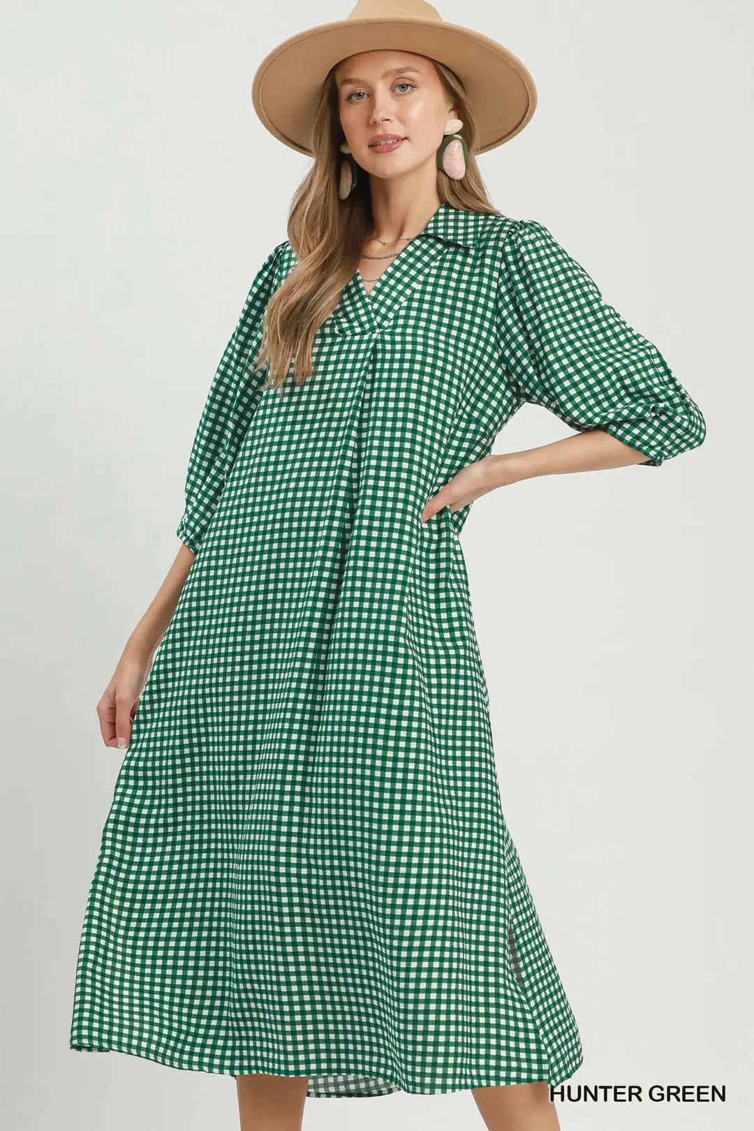 Gingham Check Collared Midi Dress In Green