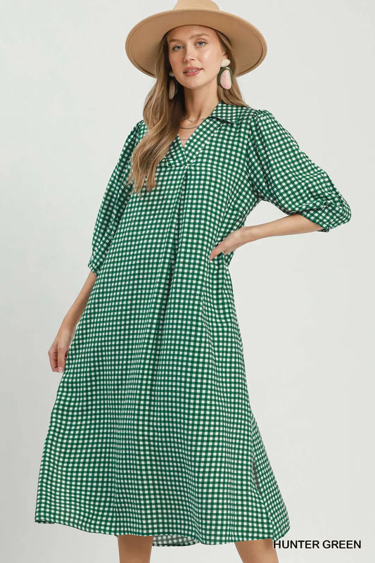 Gingham Check Collared Midi Dress In Green