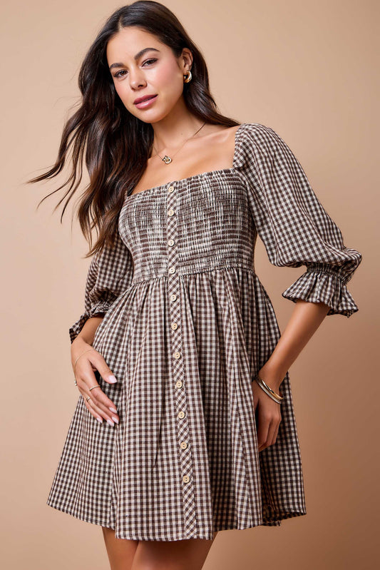 Gingham Plaid Smocked Dress In Brown