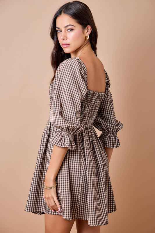 Gingham Plaid Smocked Dress In Brown