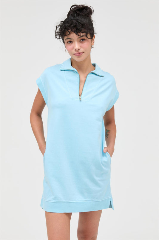 Half Zip Up Mock Neck Mini Dress In Blue