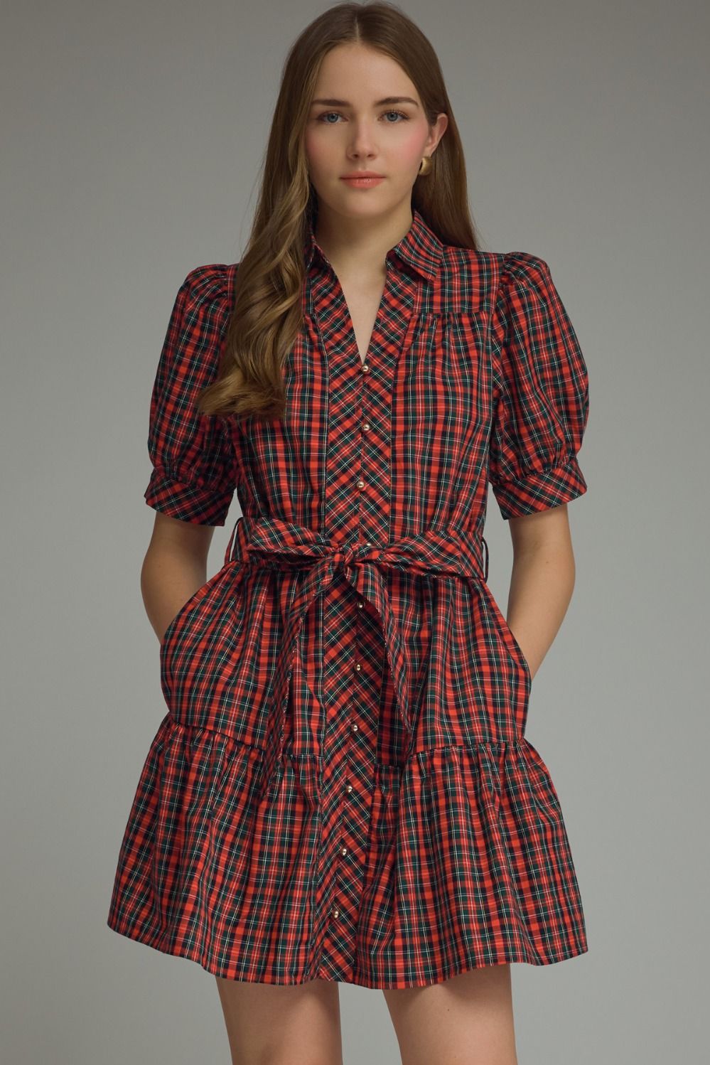 Holiday Plaid Puff Sleeve Mini Dress In Red