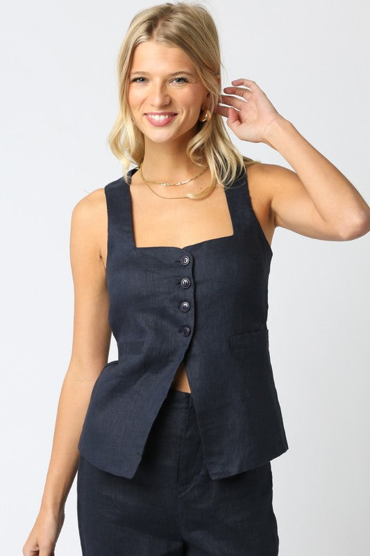 Blaire Linen Top In Navy