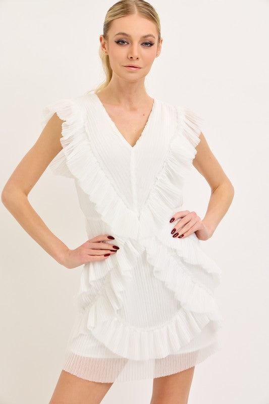 It’s Bid Day Ruffle Cutout Mini Dress In White