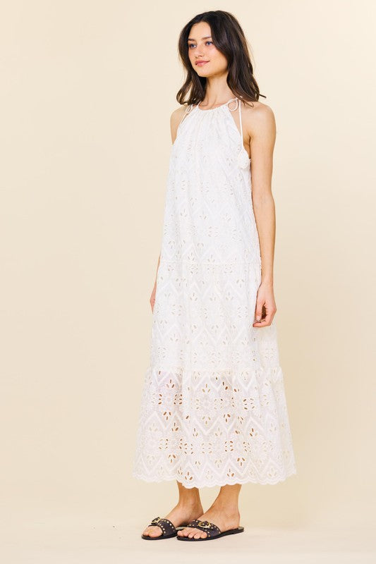 Chiffon Eyelet Tiered Maxi Dress In Off White
