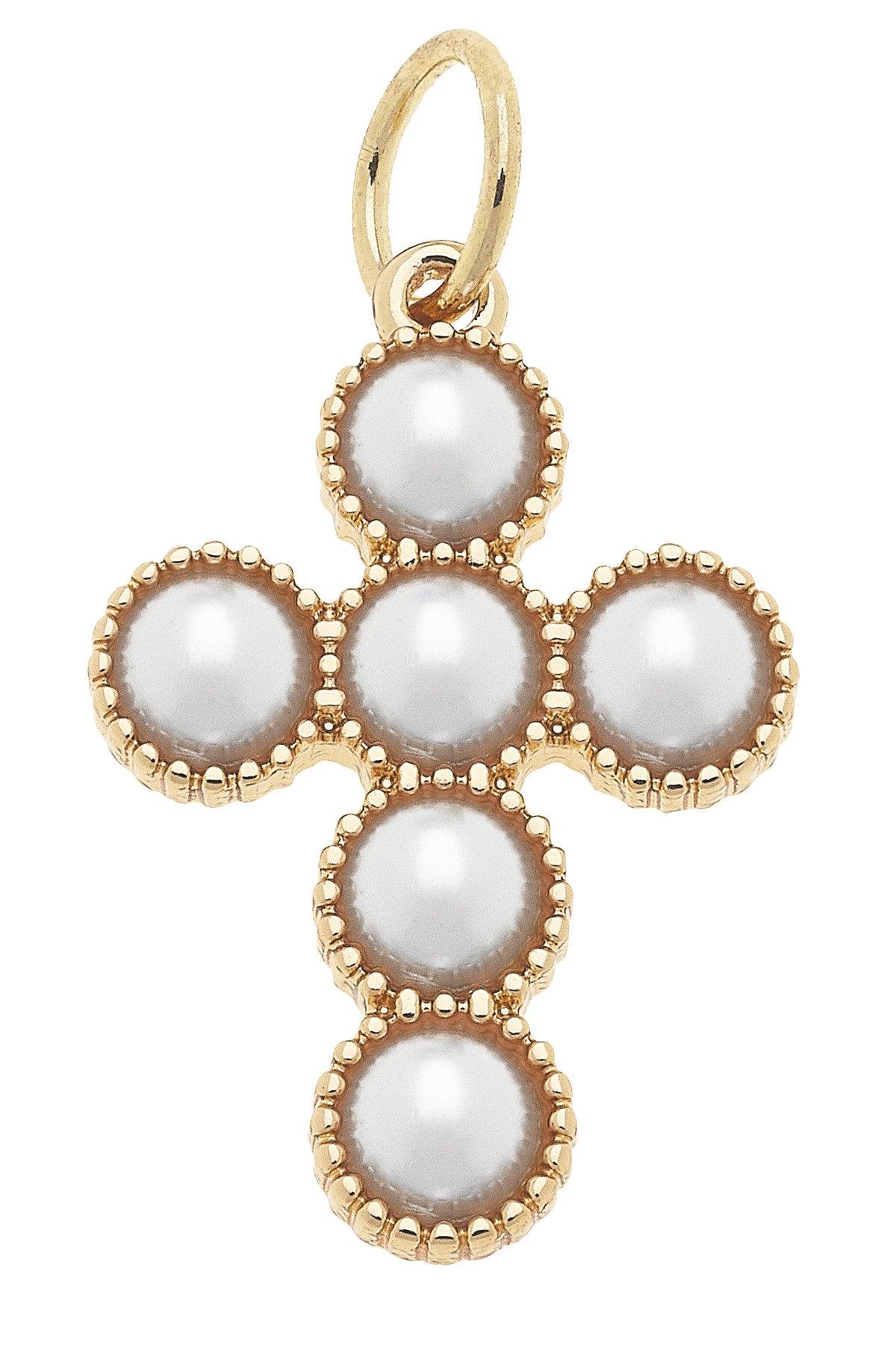 Pearl Cross Charm In Shiny Gold