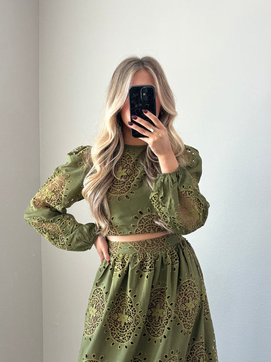 Eyelet Lace Long Sleeve Top In Olive