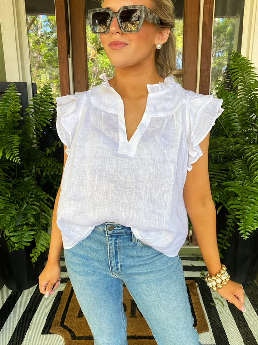 Linen Ruffle Sleeve Top in White
