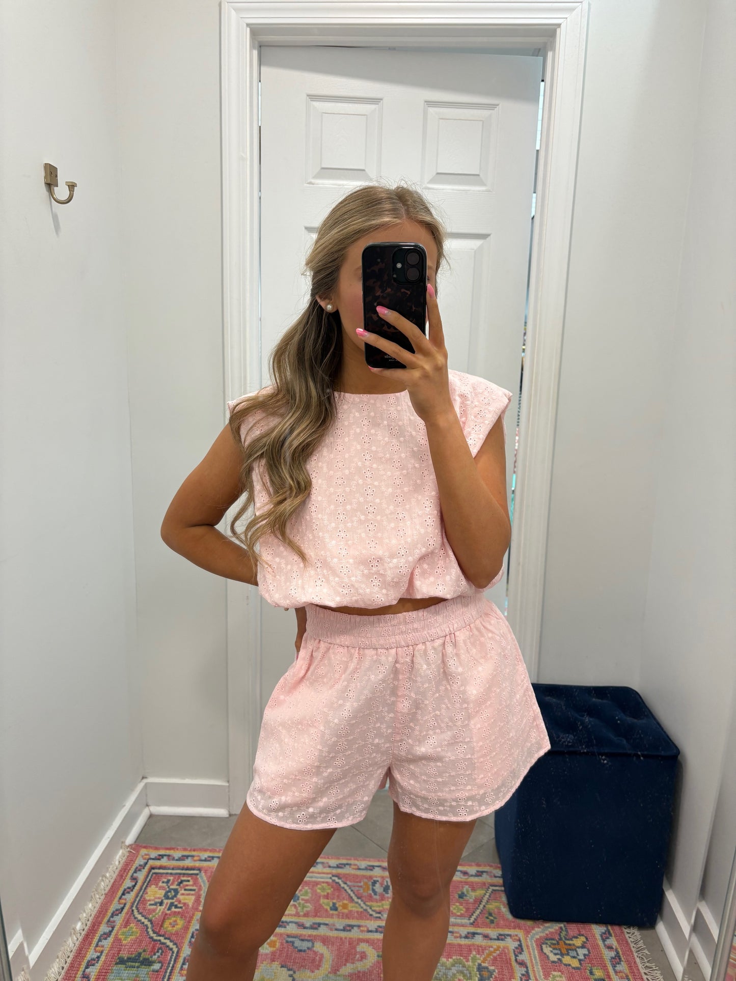 Eyelet Short Set in Pink