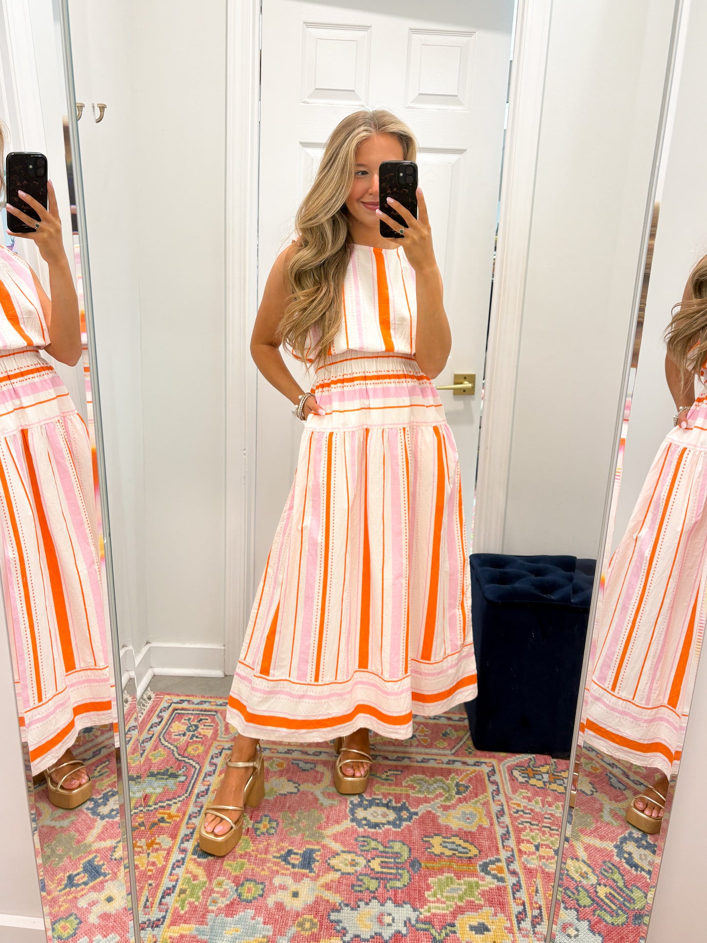 Coral Stripe Midi Dress