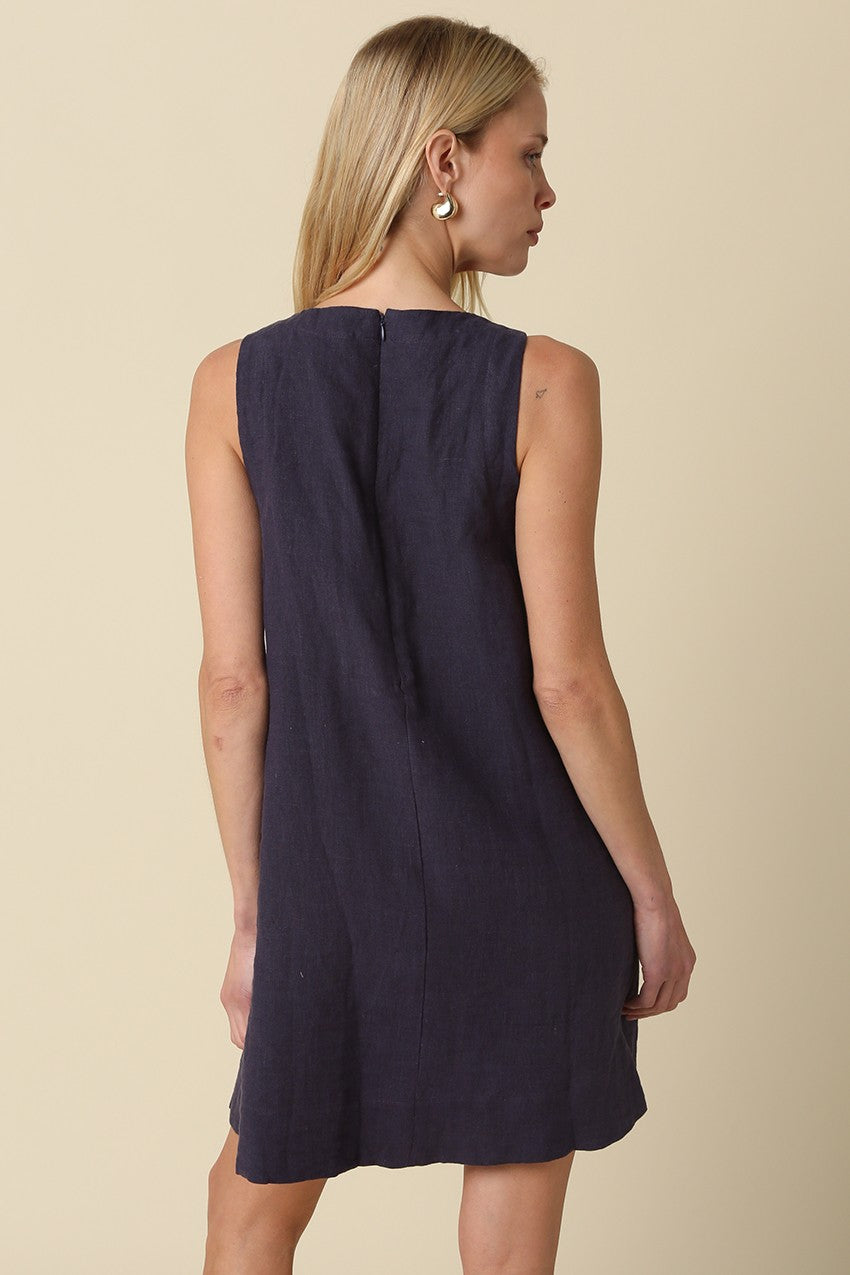 Lena Classic Linen Mini Dress In Navy