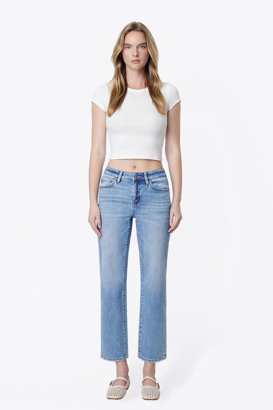 Lilah Mid Rise Medium Light Wash Crop Straight Jeans