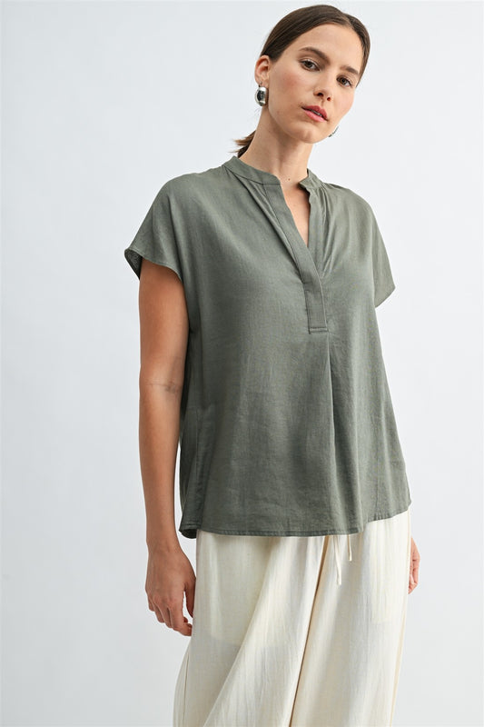 Linen Blend Set In Dark Olive