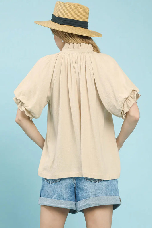 Linen V-Neck Flutter Sleeve Top In Oatmeal