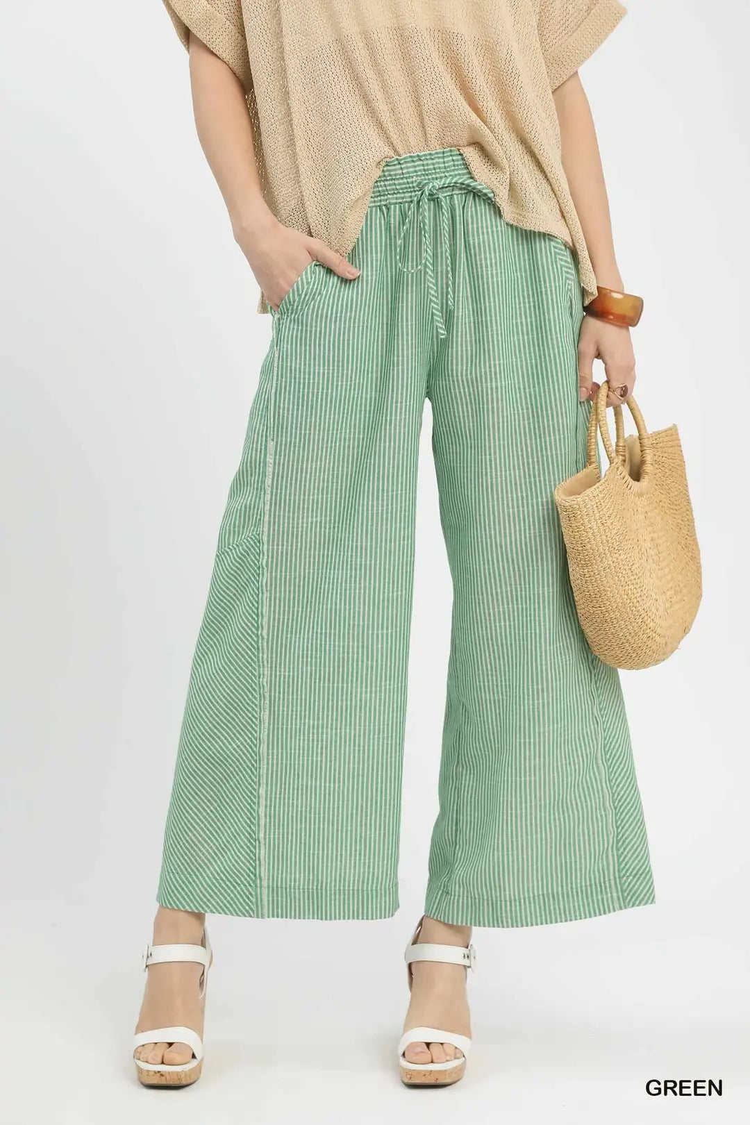Linen Blend Striped Wide Leg Pants