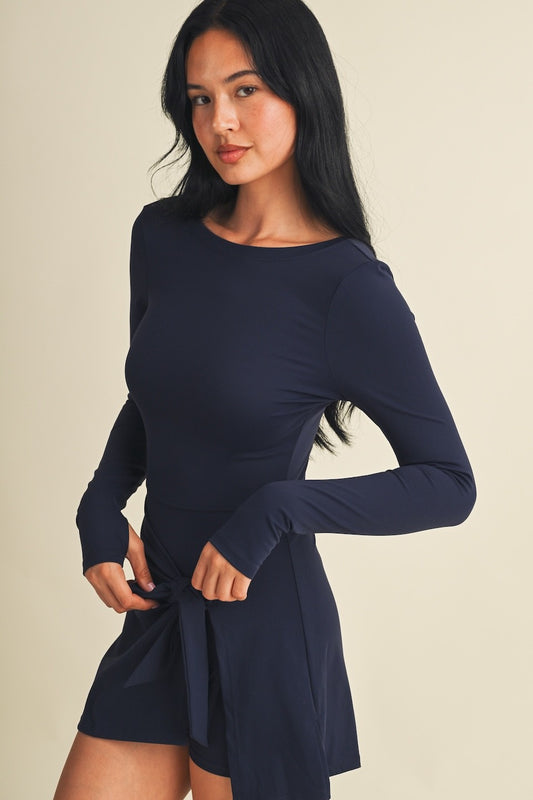 Long Sleeve Wrap Tie Front Dress In Navy