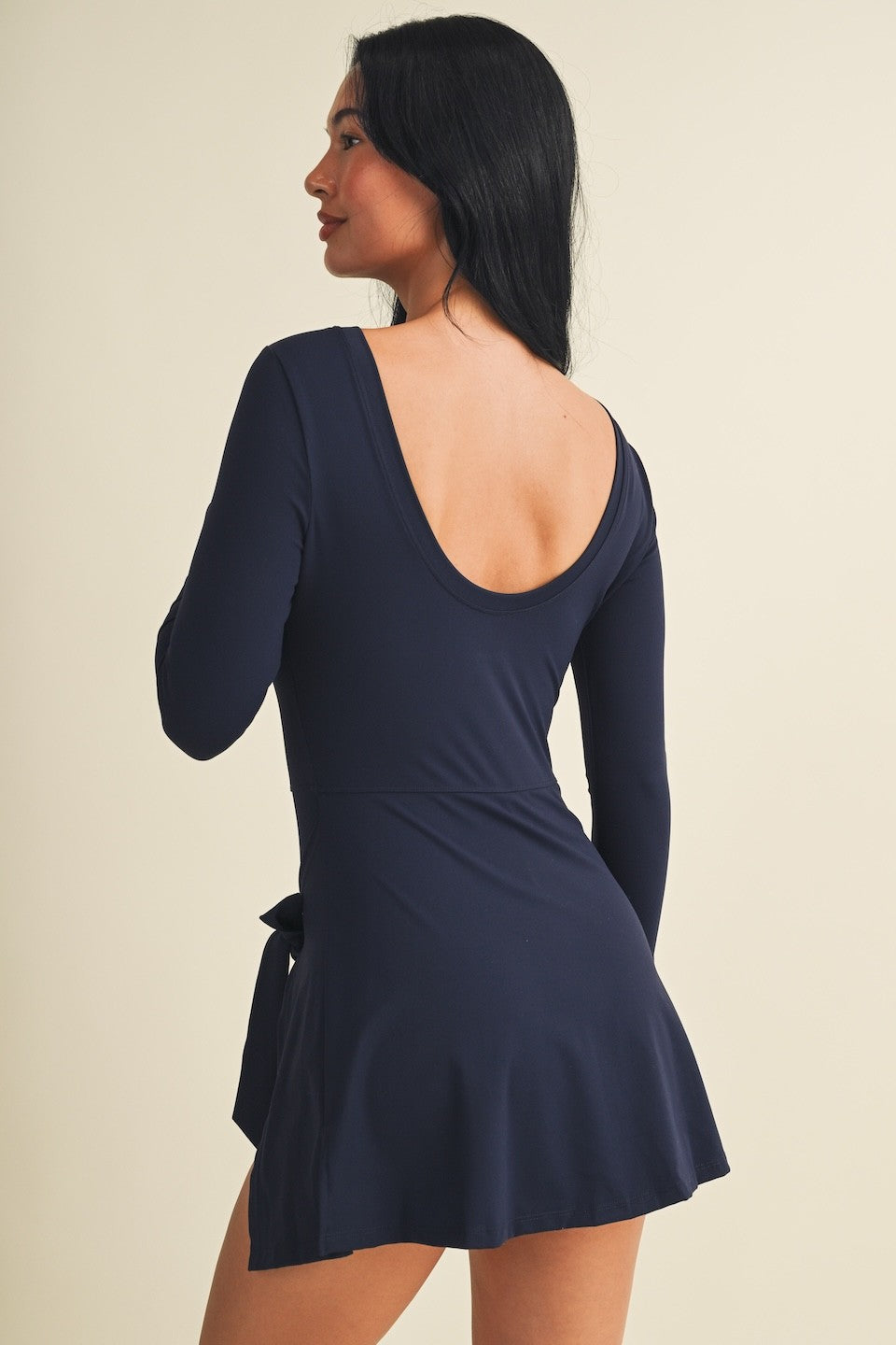 Long Sleeve Wrap Tie Front Dress In Navy