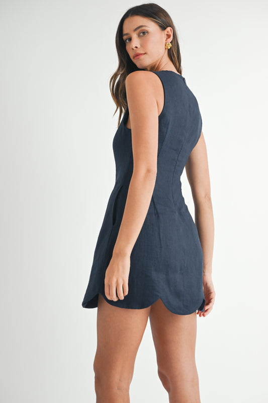 Loving Linen Scallop Hem Navy Mini Dress