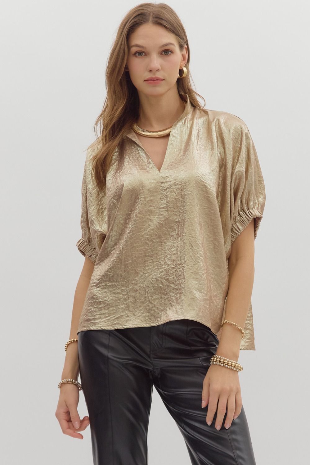 Metallic V Neck Top In Gold