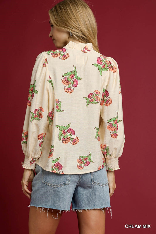 Mixed Floral Button Down Blouse in Cream