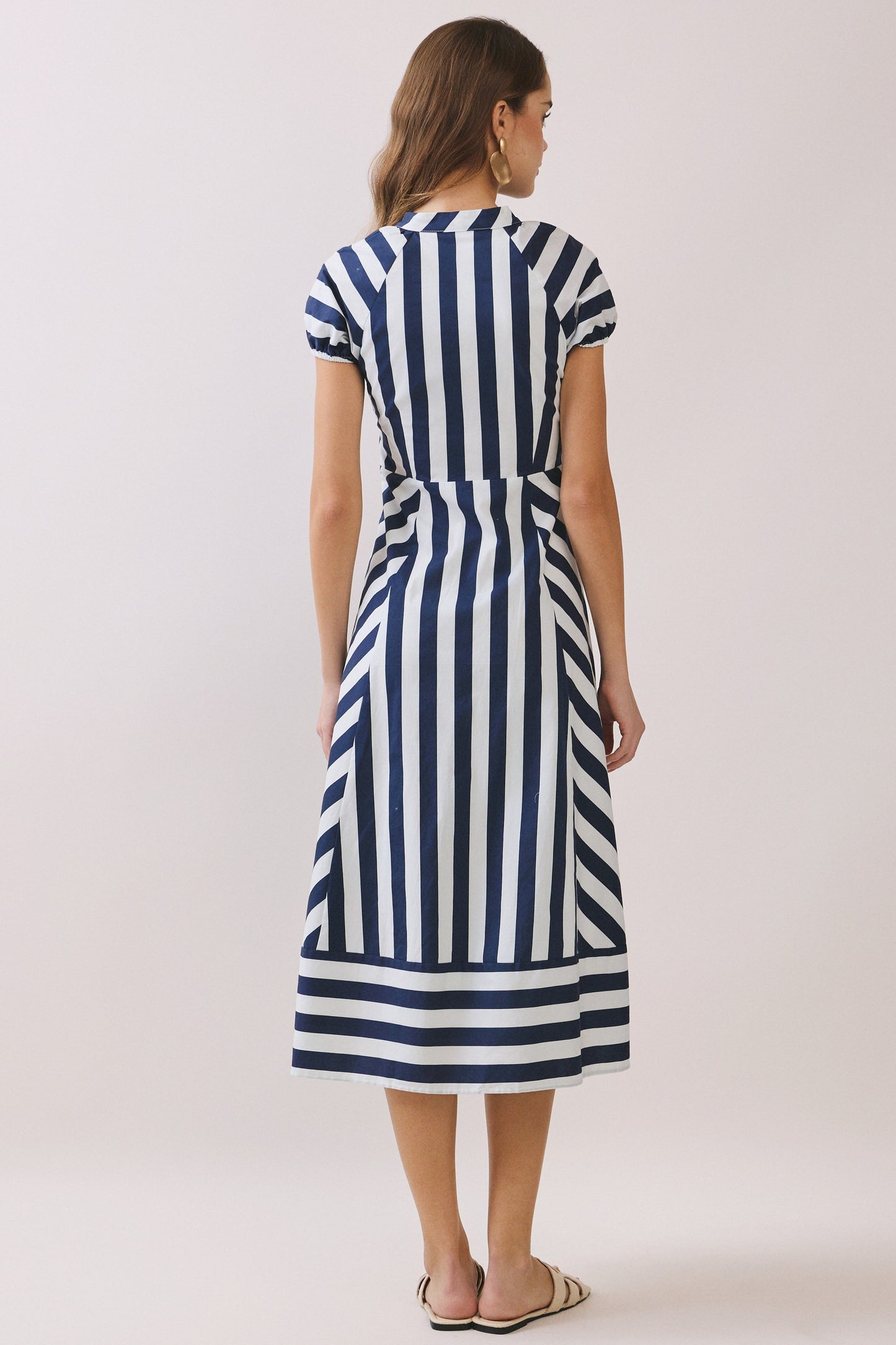 Mixed Striped Pattern Button Down Midi Dress in Navy