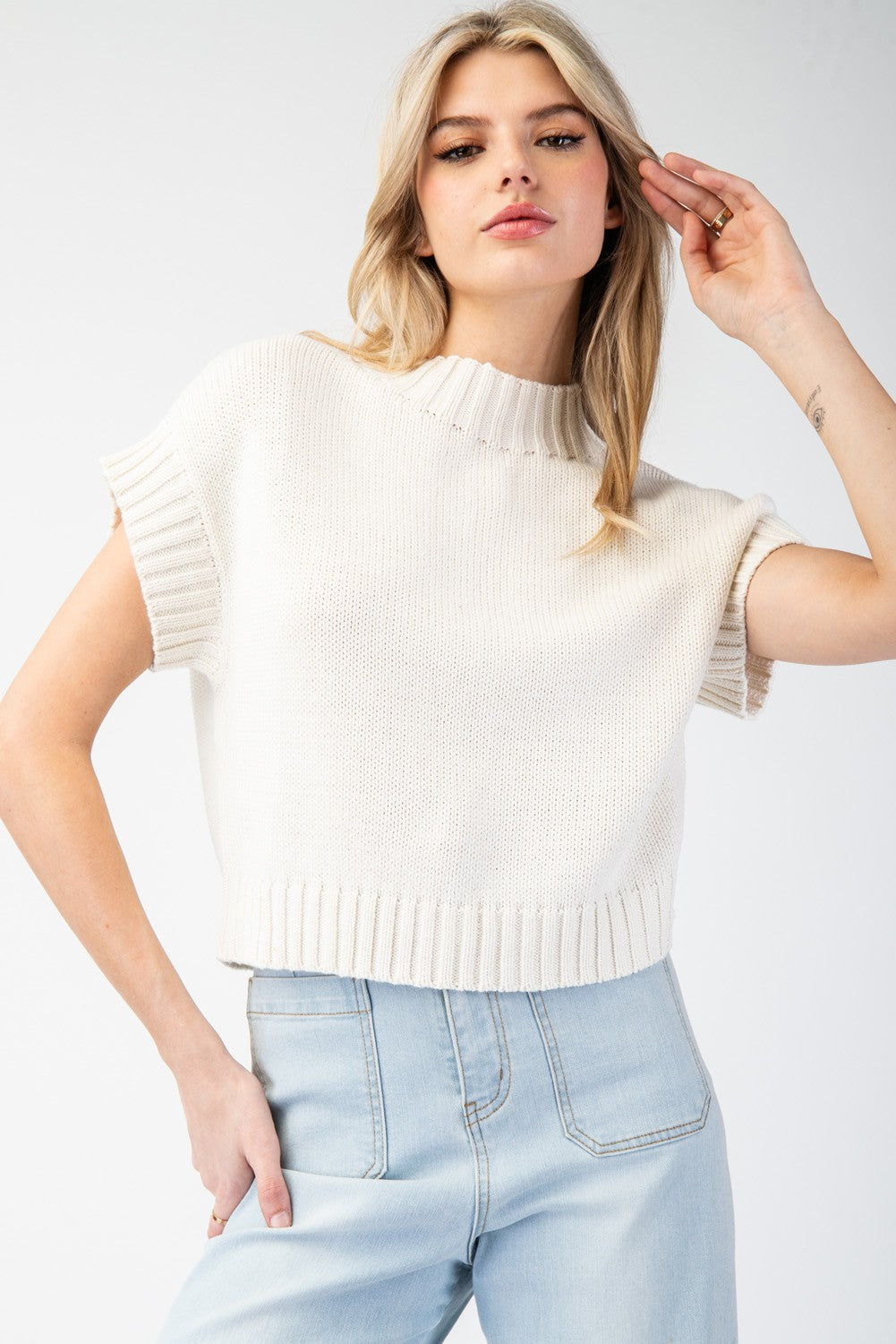 Mock Neck Cropped Sweater In Ivory