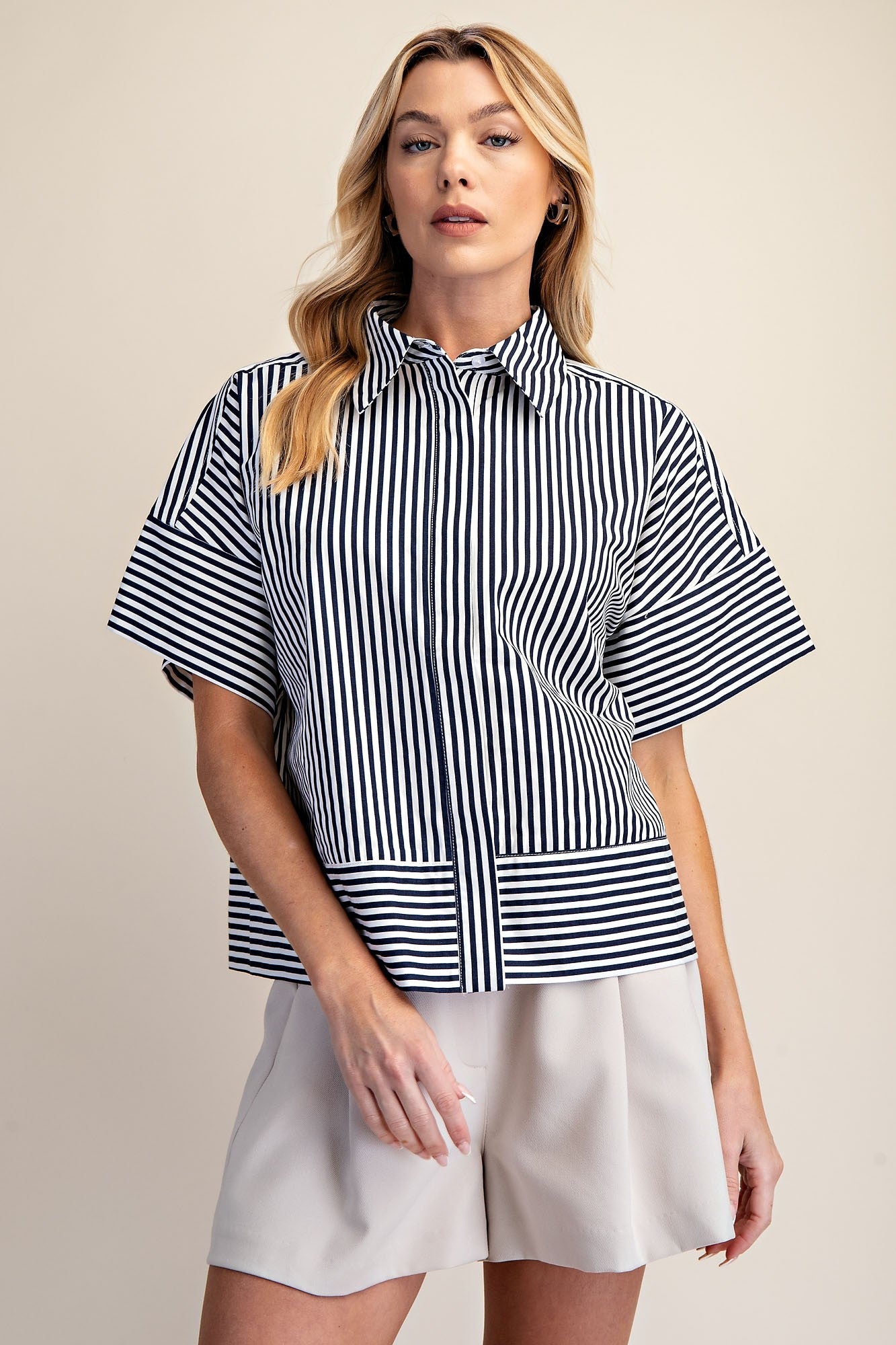 Navy And White Short Sleeve Button Down Top