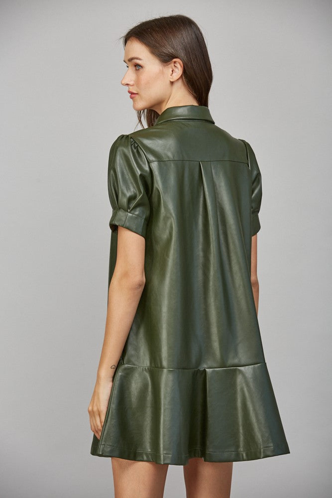 Olive Faux Leather Button Front Dress