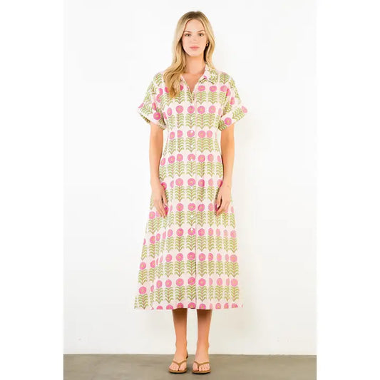 Pink And Green Short Sleeve Floral Pattern Button Down Dress