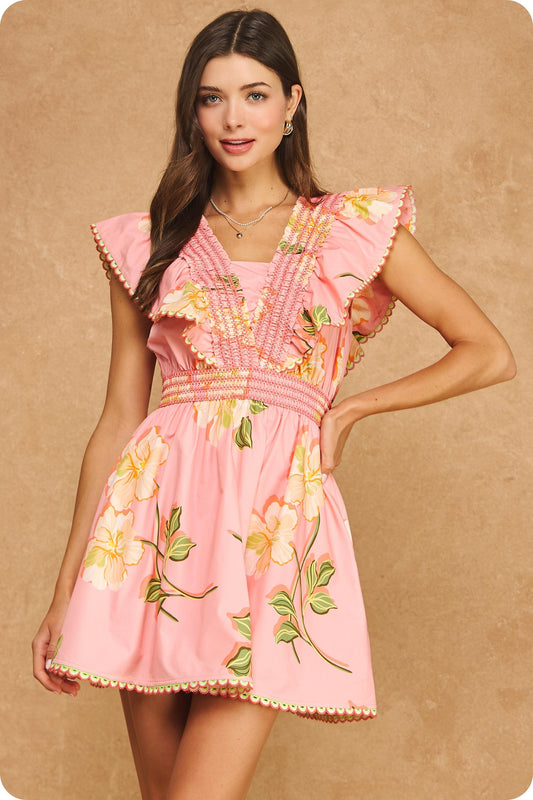 Pink Floral Ruffle Flutter Sleeve Smocked Mini Dress