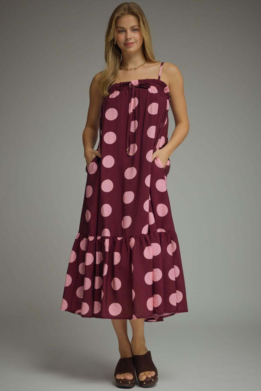Polka Dot Midi Dress In Plum