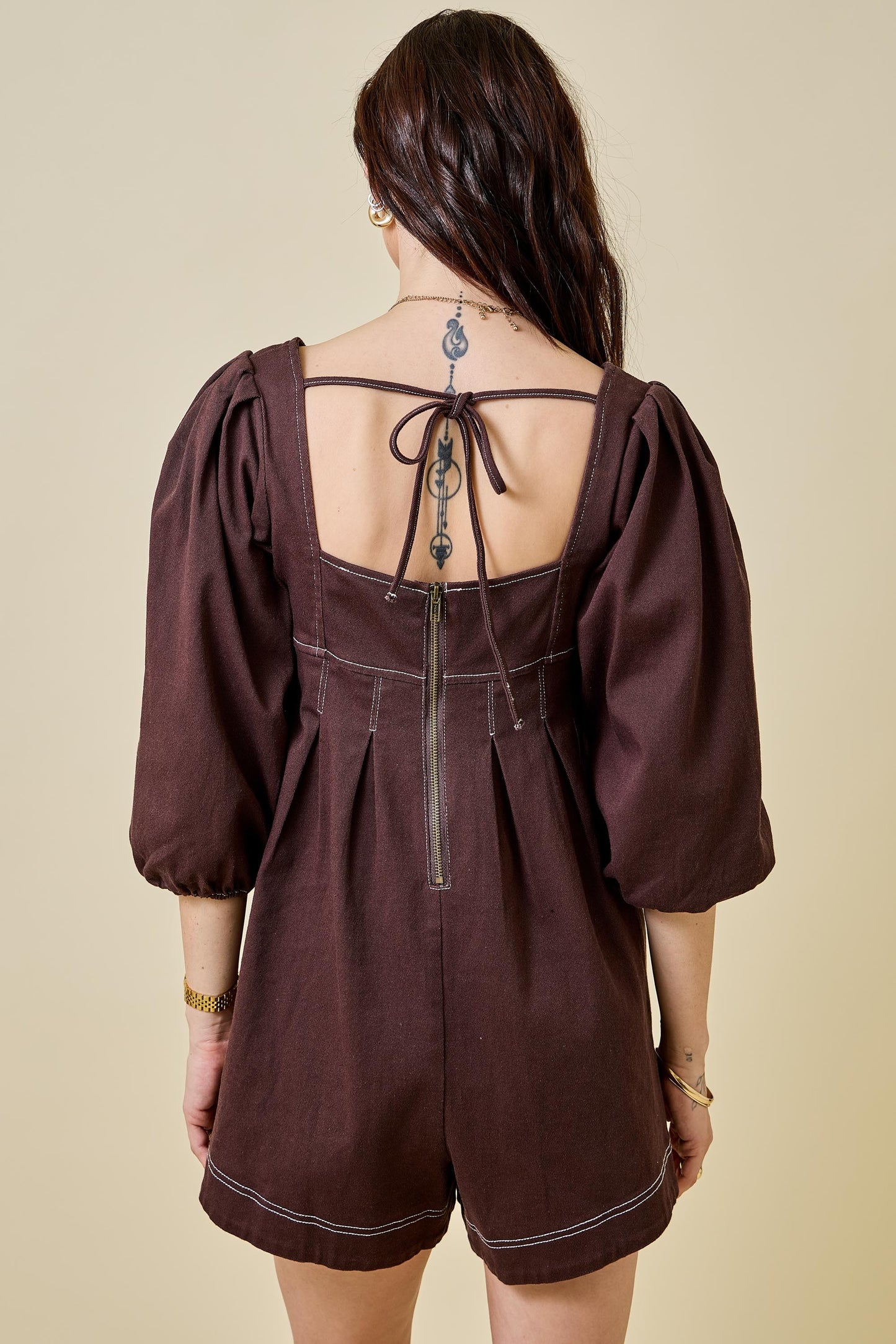 Puff Sleeve Denim Romper In Brown