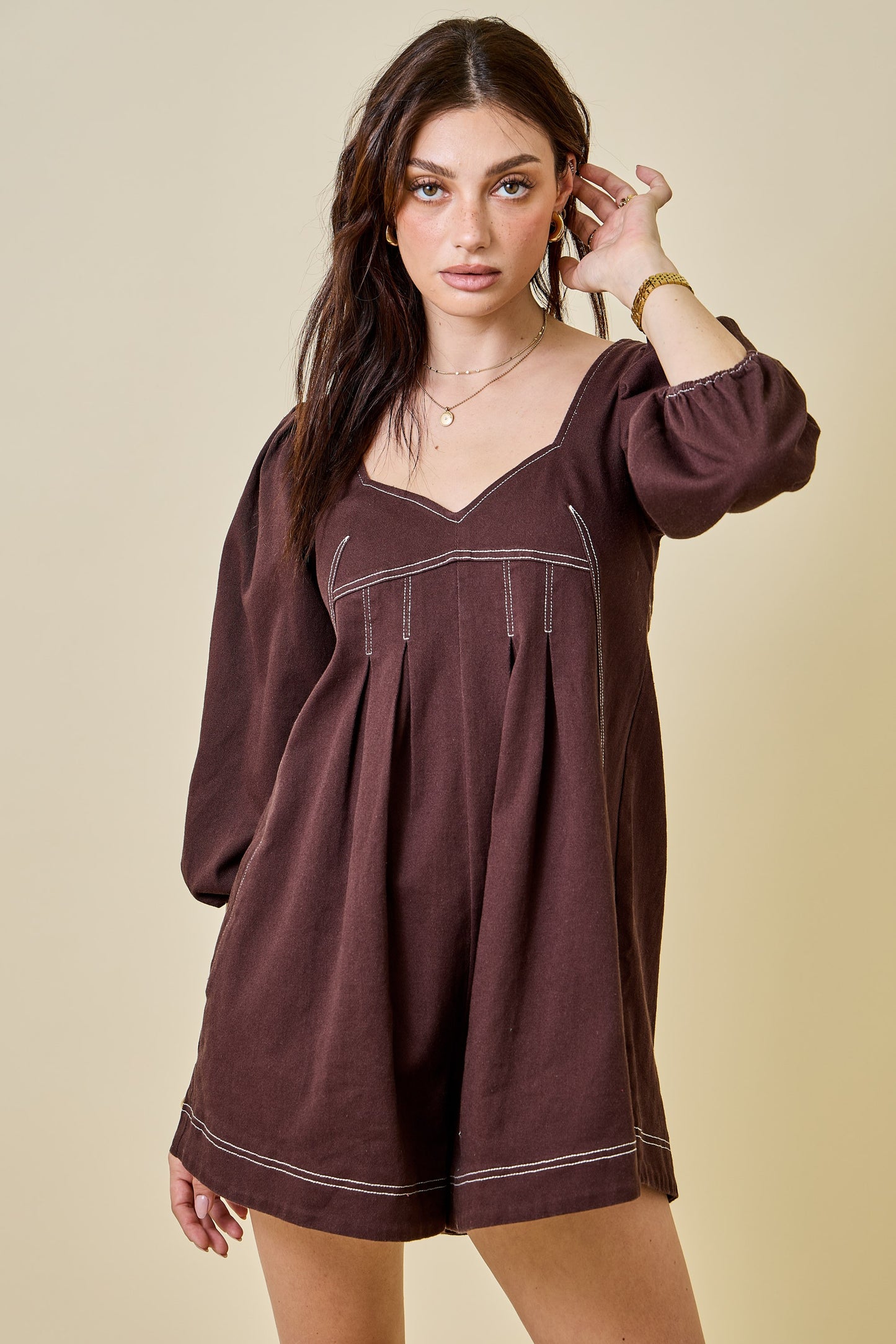 Puff Sleeve Denim Romper In Brown