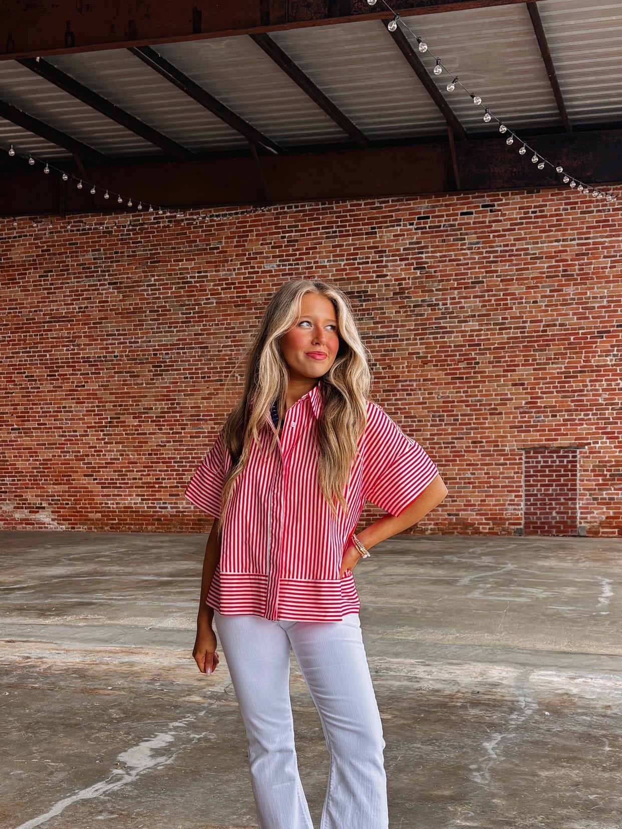 Red And White Stripe Short Sleeve Button Down Top