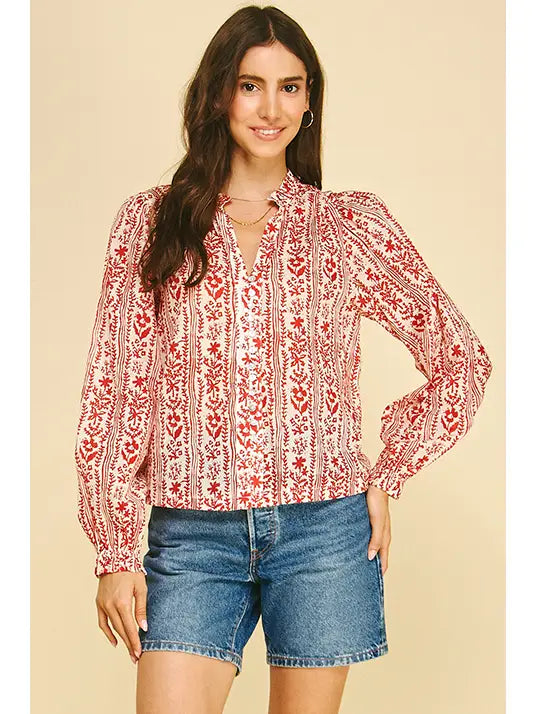 Red Botanical Button Down Blouse