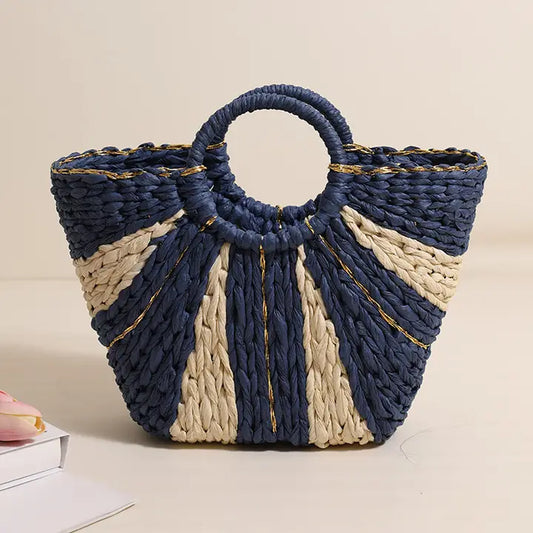 Resort Beach Handbag Striped Straw Weave Tote