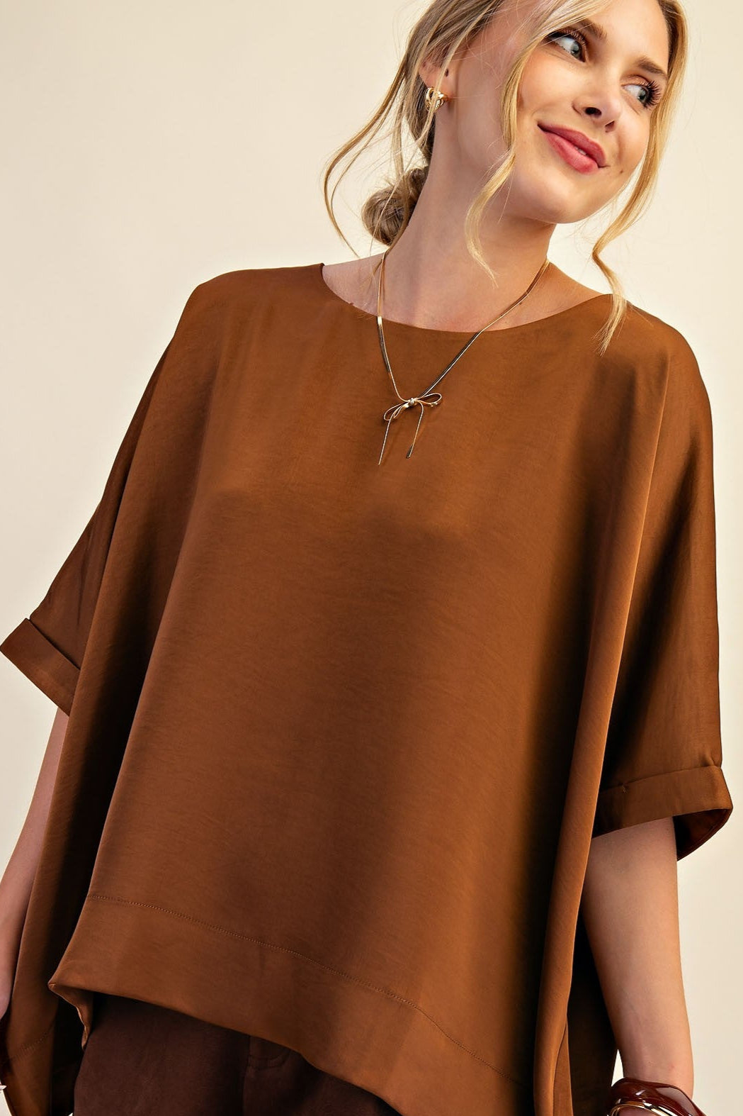 Round Neck Oversized Satin Top In Brown