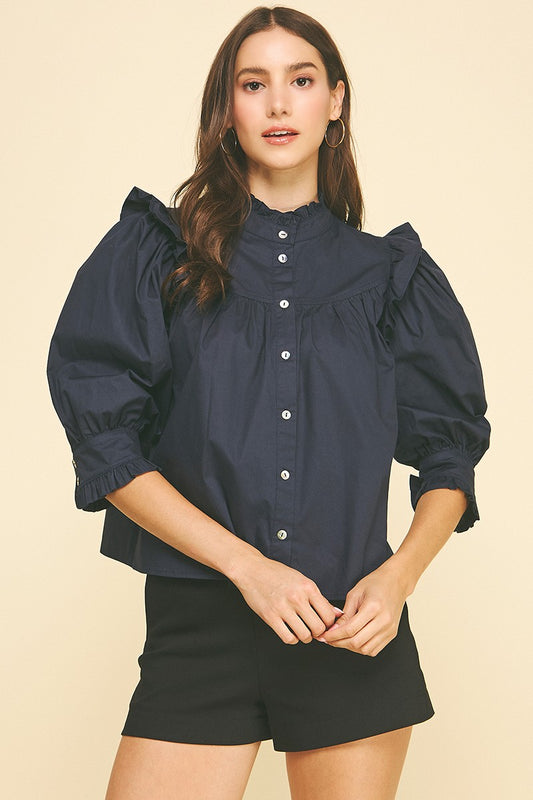 Ruffle Button Down Top In Deep Navy