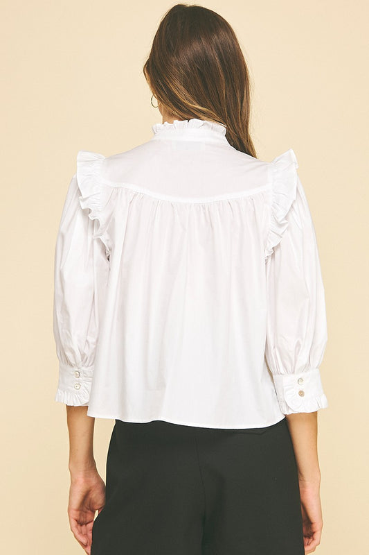 Ruffle Button Down Top In Snow White