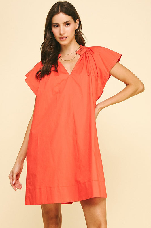Ruffle Detailed Tunic Mini Dress In Coral