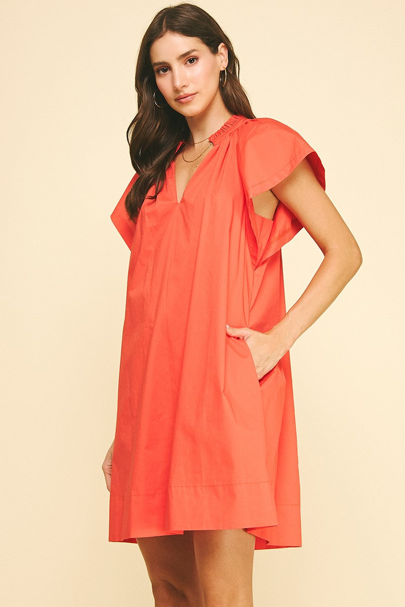 Ruffle Detailed Tunic Mini Dress In Coral