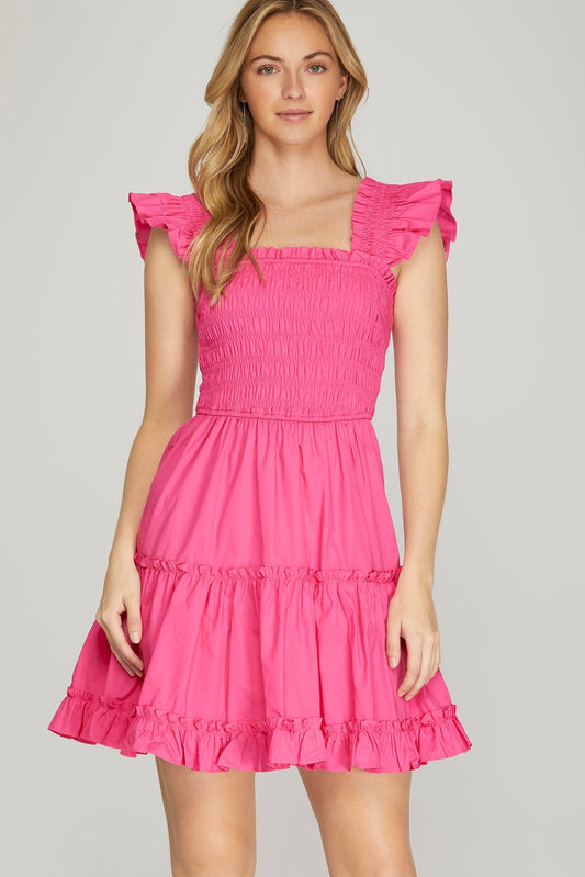 Ruffle Smocked Square Neck Dress in Pink